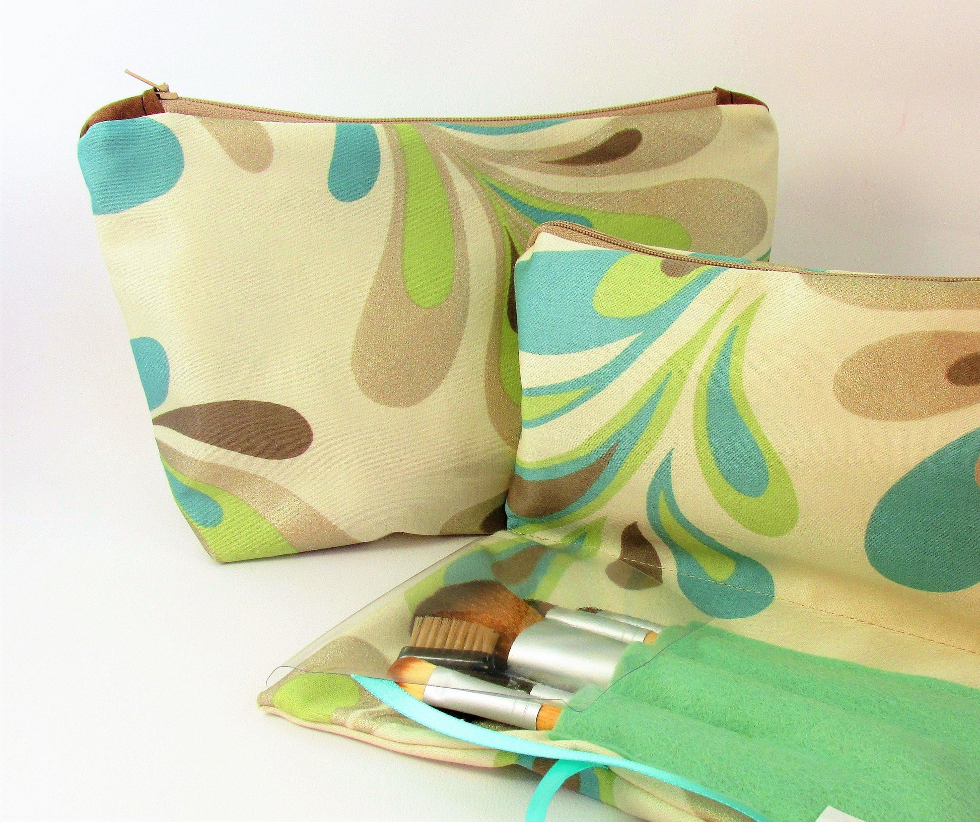 Make Up Bag Set, Make up bag with brushes Holder, Toiletry bag for ladies, What to get my daughter? Practical Gift, Aqua Swirl - Olganna