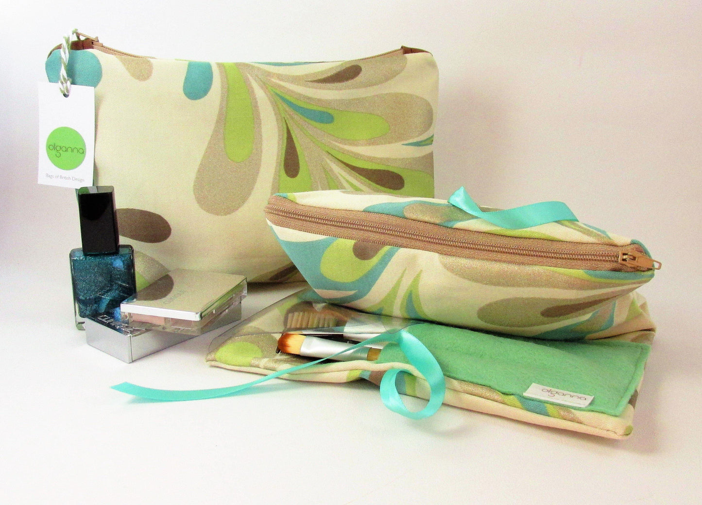 Make Up Bag Set, Make up bag with brushes Holder, Toiletry bag for ladies, What to get my daughter? Practical Gift, Aqua Swirl - Olganna