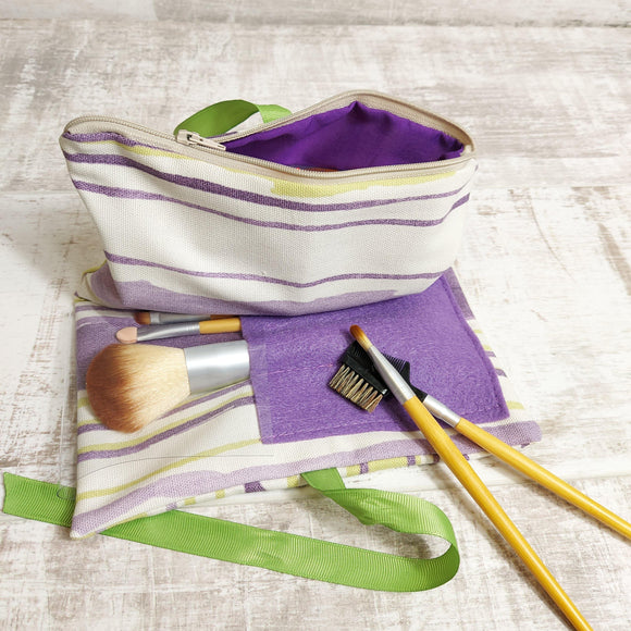 Zip Wrap Make up Bag in Green and Lilac Modern Stripe Canvas - Olganna
