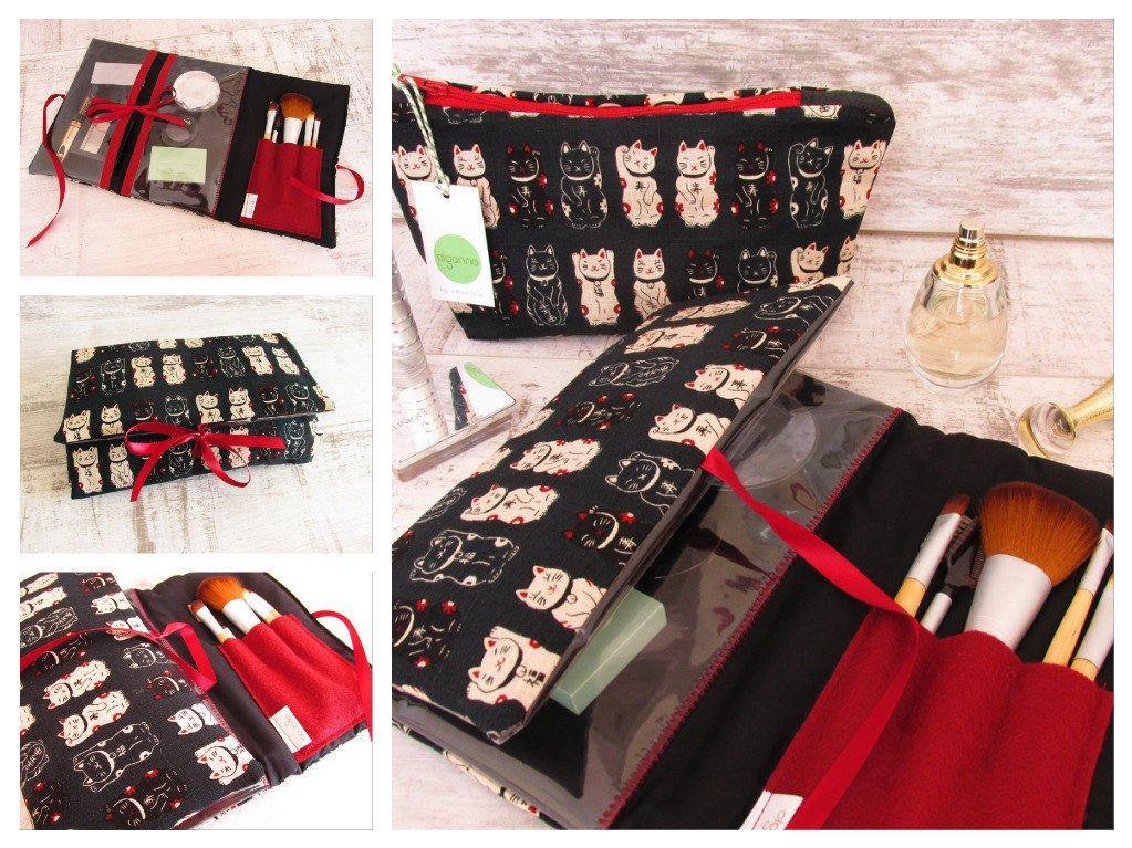 Lucky cats Make Up Bag in red, taupe and black - Olganna