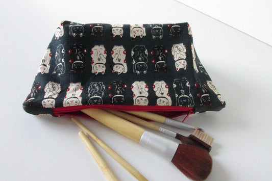 Lucky cats Make Up Bag in red, taupe and black - Olganna