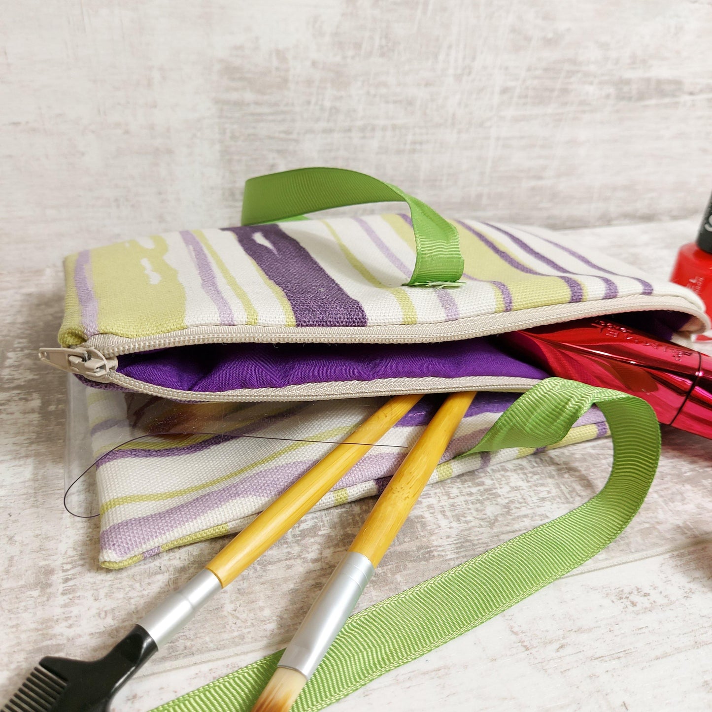 Zip Wrap Make up Bag in Green and Lilac Modern Stripe Canvas - Olganna