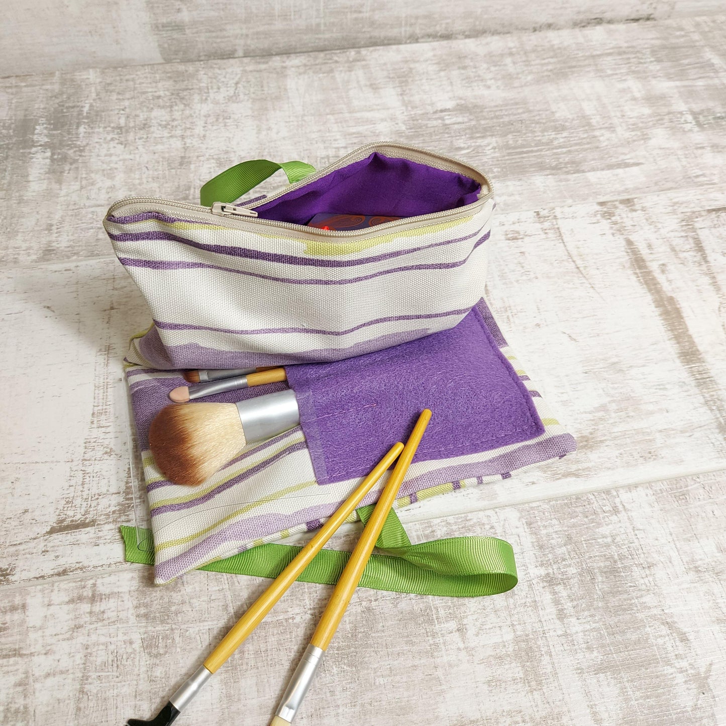 Zip Wrap Make up Bag in Green and Lilac Modern Stripe Canvas - Olganna
